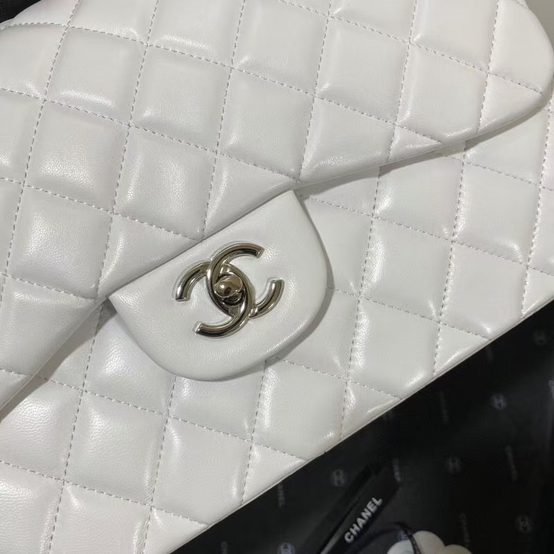 Ch*el Classic Flap Jumbo 30cm CF White Silver 7.6 × 11.7 × 3.9 in
