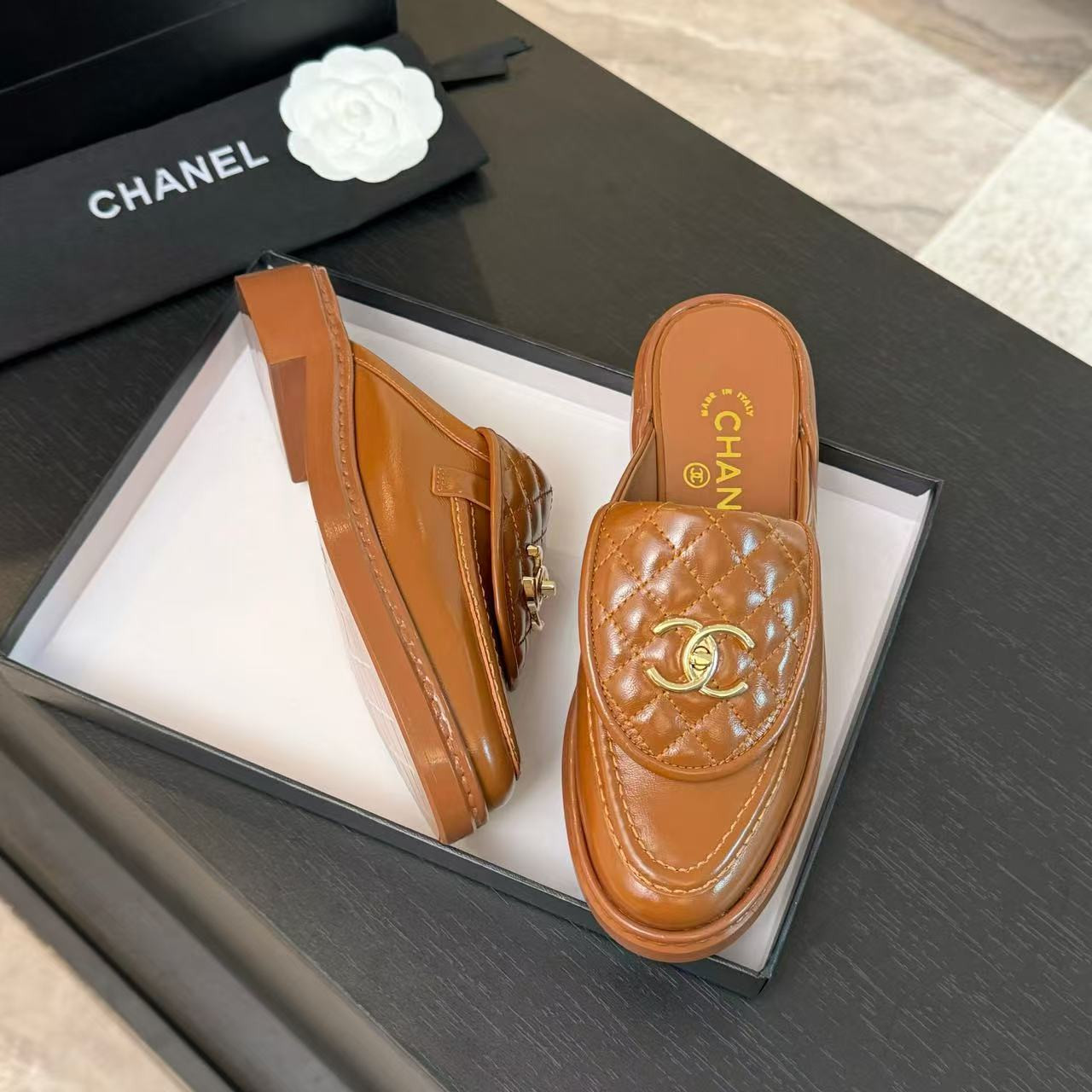 UA Ch*el Slides Leather Flats