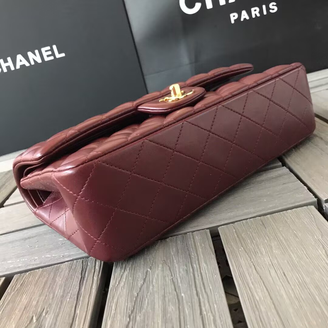 Ch*el CLASSIC 11.12 HANDBAG Lambskin &Brown Metal Burqundy 15.5 x 25.5 x 6.5 cm