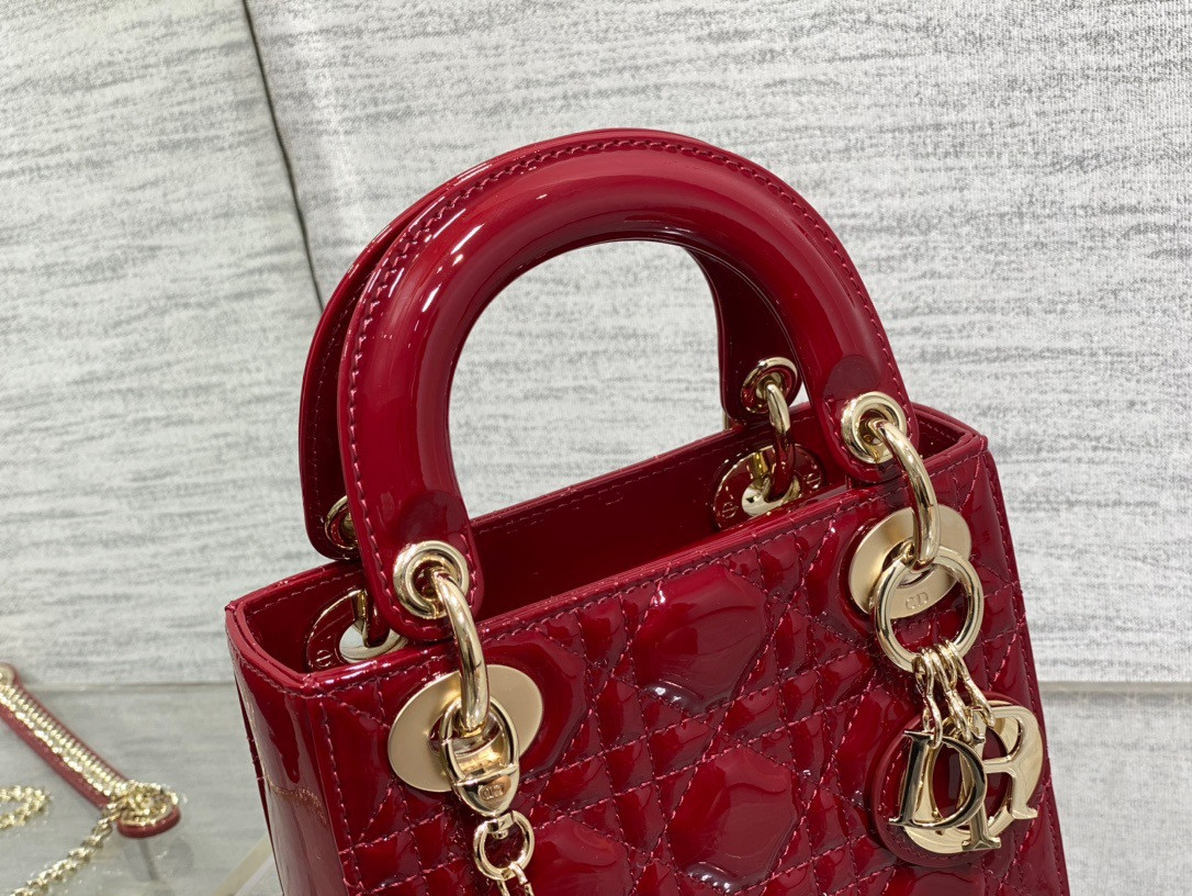 Mini Lady D*0r Bag Cherry Red Patent Cannage Calfskin 6.5 x 6 x 3 inches