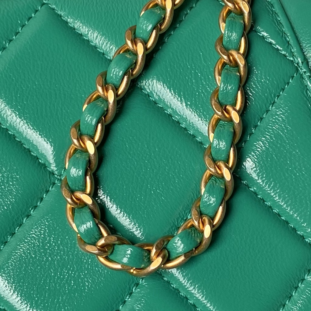 Ch*el MINI BAG WITH TOP HANDLE  Shiny Lambskin & Gold-Tone Metal 12 × 18 × 7 cm