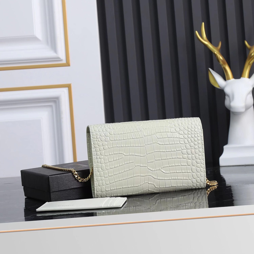 Y*L UPTOWN CHAIN WALLET IN CROCODILE-EMBOSSED SHINY LEATHER 7.5 X 4.7 X 1.2 INCHES