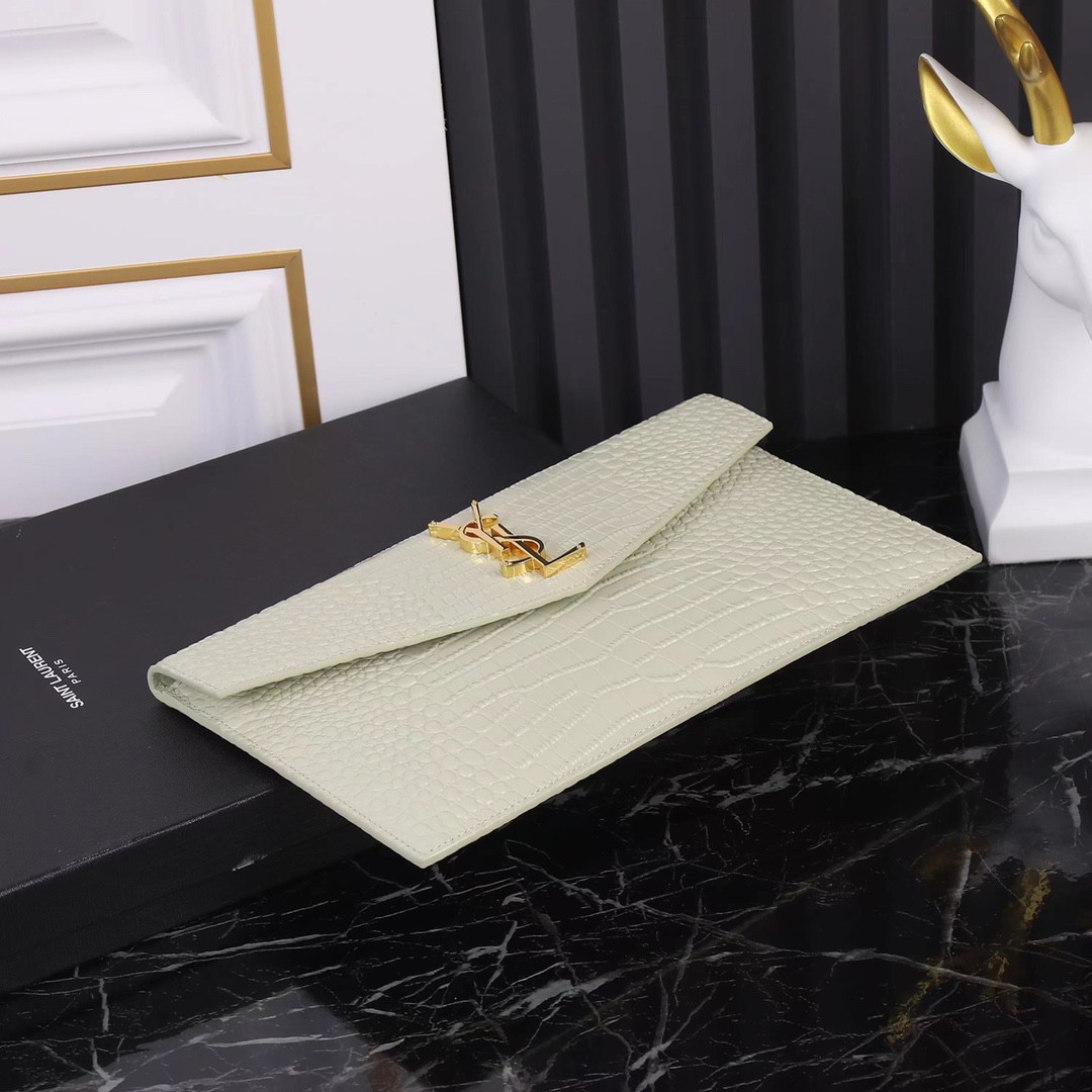 Y*L UPTOWN POUCH IN CROCODILE-EMBOSSED SHINY LEATHER BLANC VINTAGE 10.6 X 6.2 X 0.7 INCHES