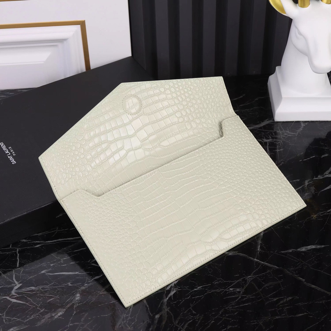 Y*L UPTOWN POUCH IN CROCODILE-EMBOSSED SHINY LEATHER BLANC VINTAGE 10.6 X 6.2 X 0.7 INCHES