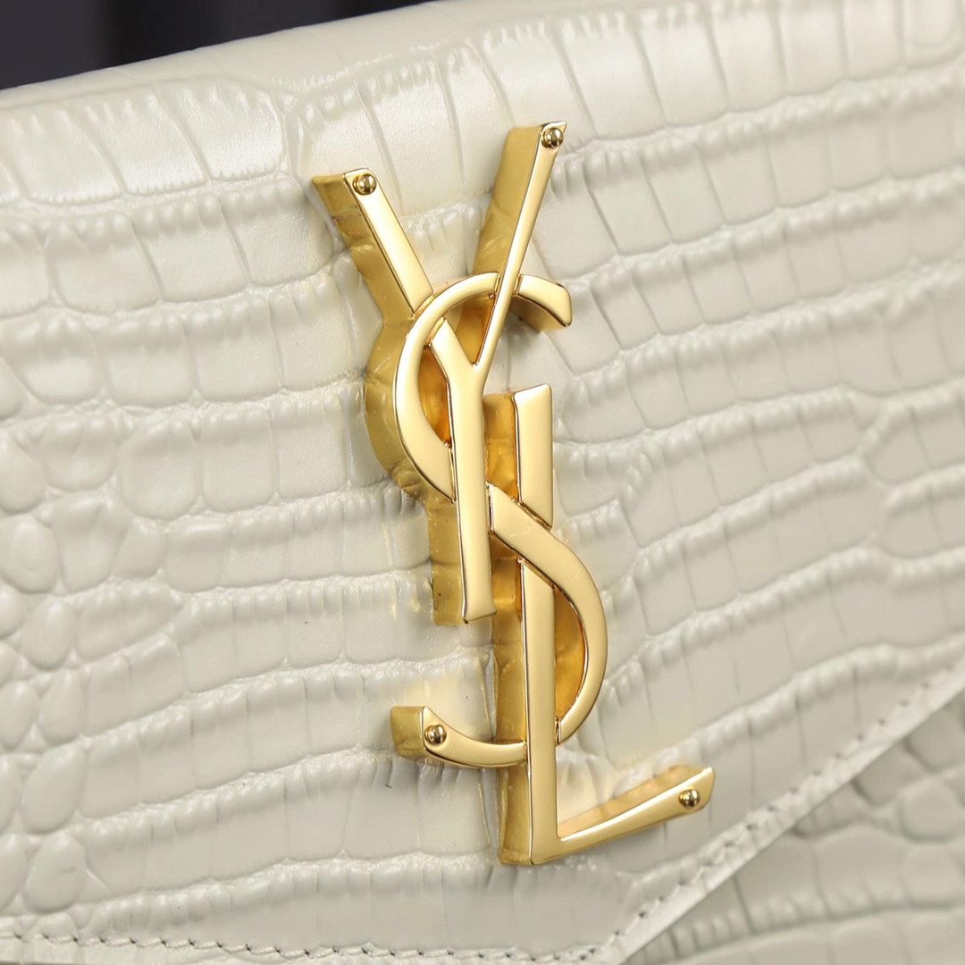 Y*L UPTOWN POUCH IN CROCODILE-EMBOSSED SHINY LEATHER BLANC VINTAGE 10.6 X 6.2 X 0.7 INCHES