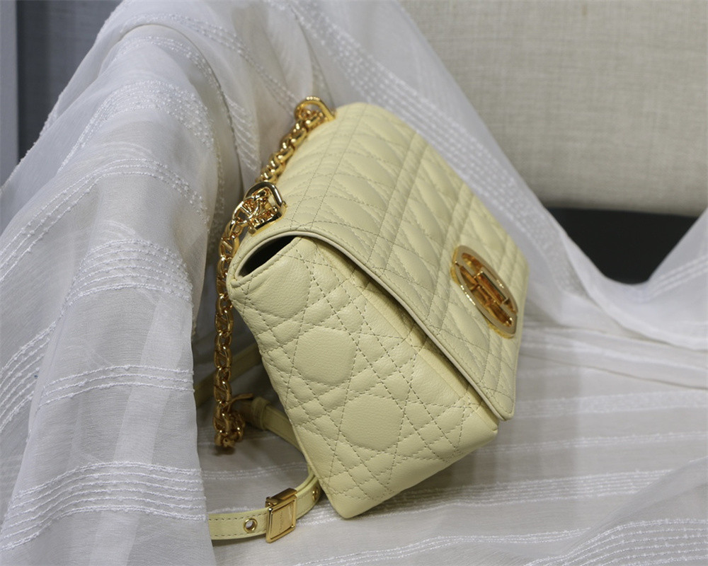 MEDIUM D*0r CARO BAG light yellow S*pple Cannage Calfskin 25.5 x 15.5 x 8 cm