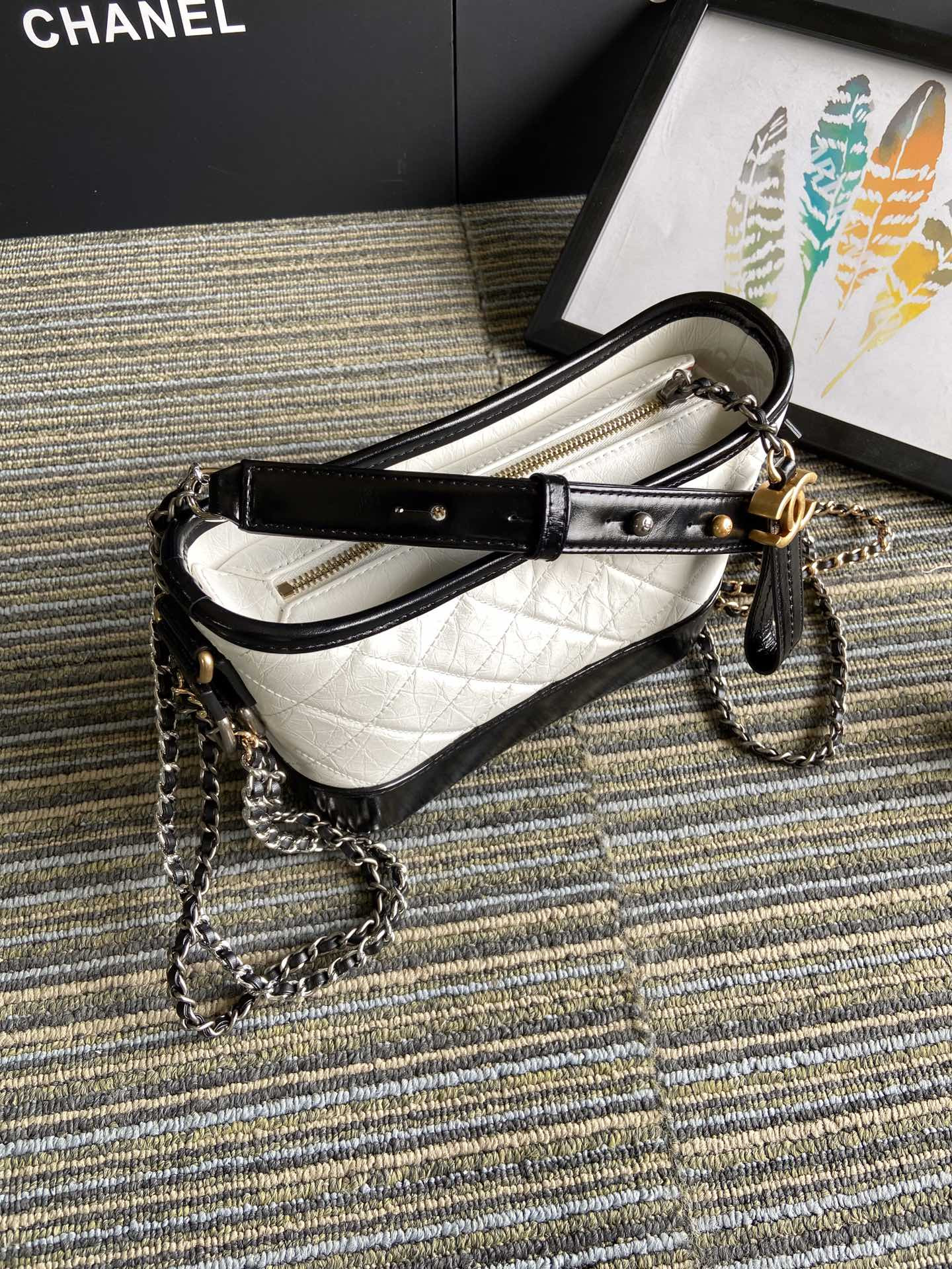 Ch*el Gabrielle SMALL WHITE BLACK with shoulder strap letters 20 x 15 x 8cm