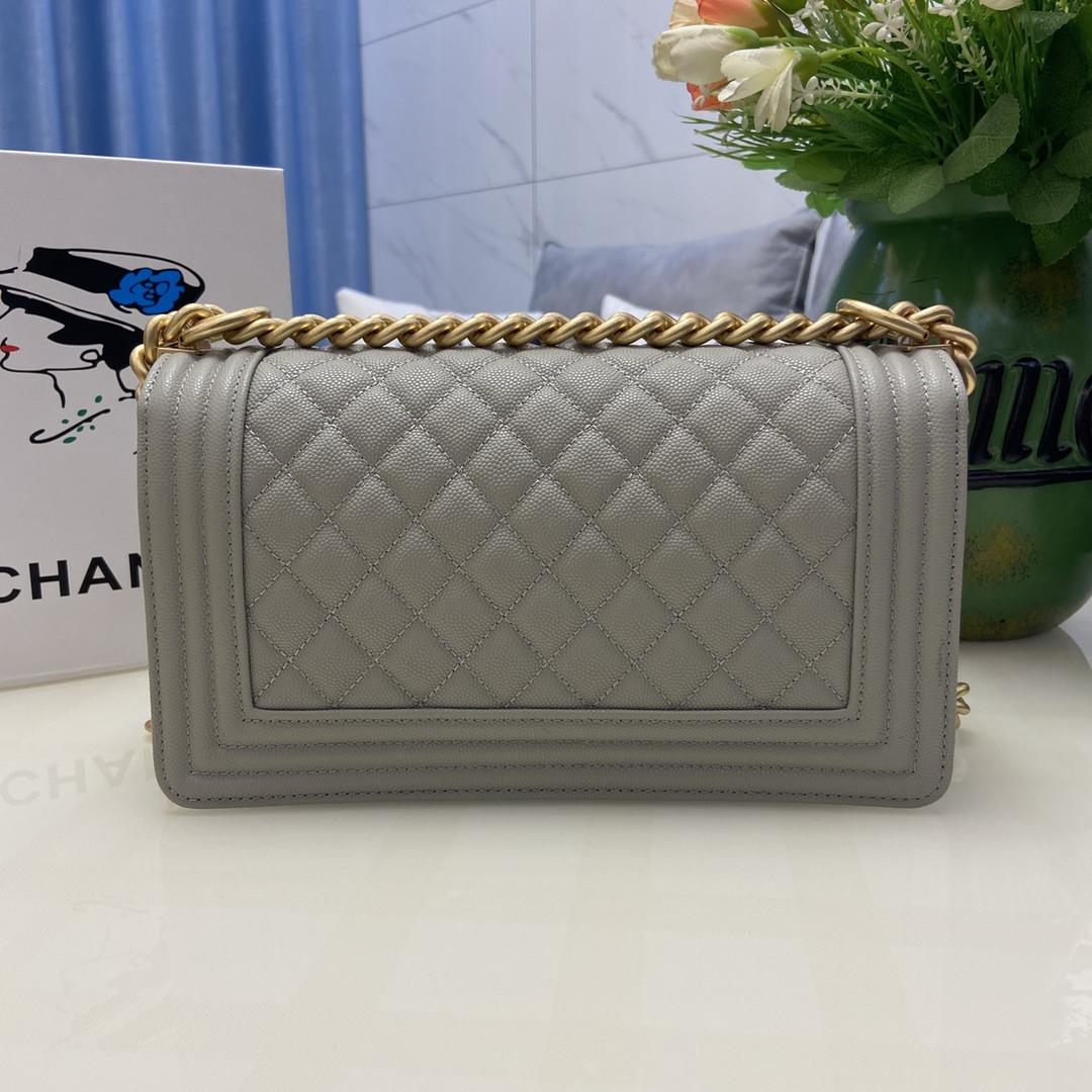 BOY Ch*el HANDBAG Shiny Grained Calfskin & Gold-Tone Metal Gray 5.9 × 9.8 × 3.5 in
