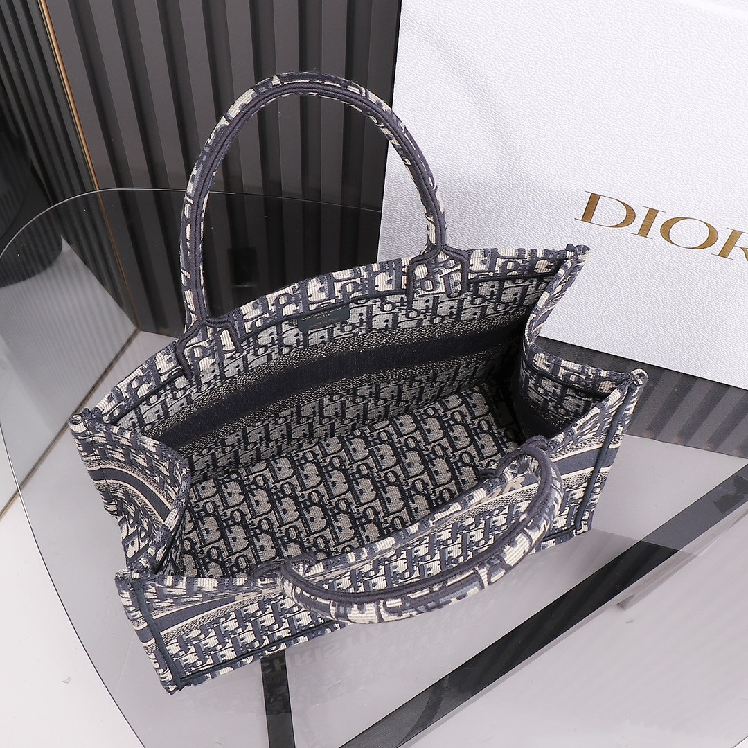 Medium D*0r Book Tote  Ecru and Blue D*0r Oblique Embroidery 14 x 11 x 6.5 inches