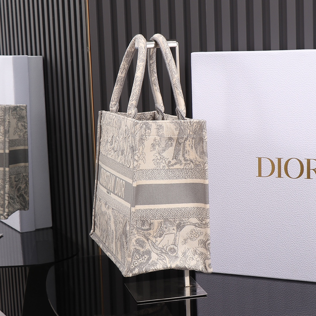 Medium D*0r Book Tote Ecru and Gray Toile de Jouy Embroidery 14 x 11 x 6.5 inches