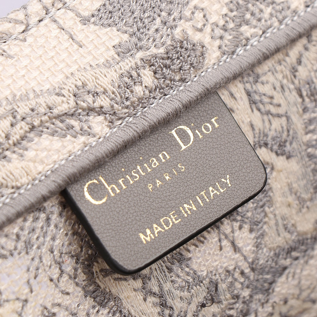 Medium D*0r Book Tote Ecru and Gray Toile de Jouy Embroidery 14 x 11 x 6.5 inches