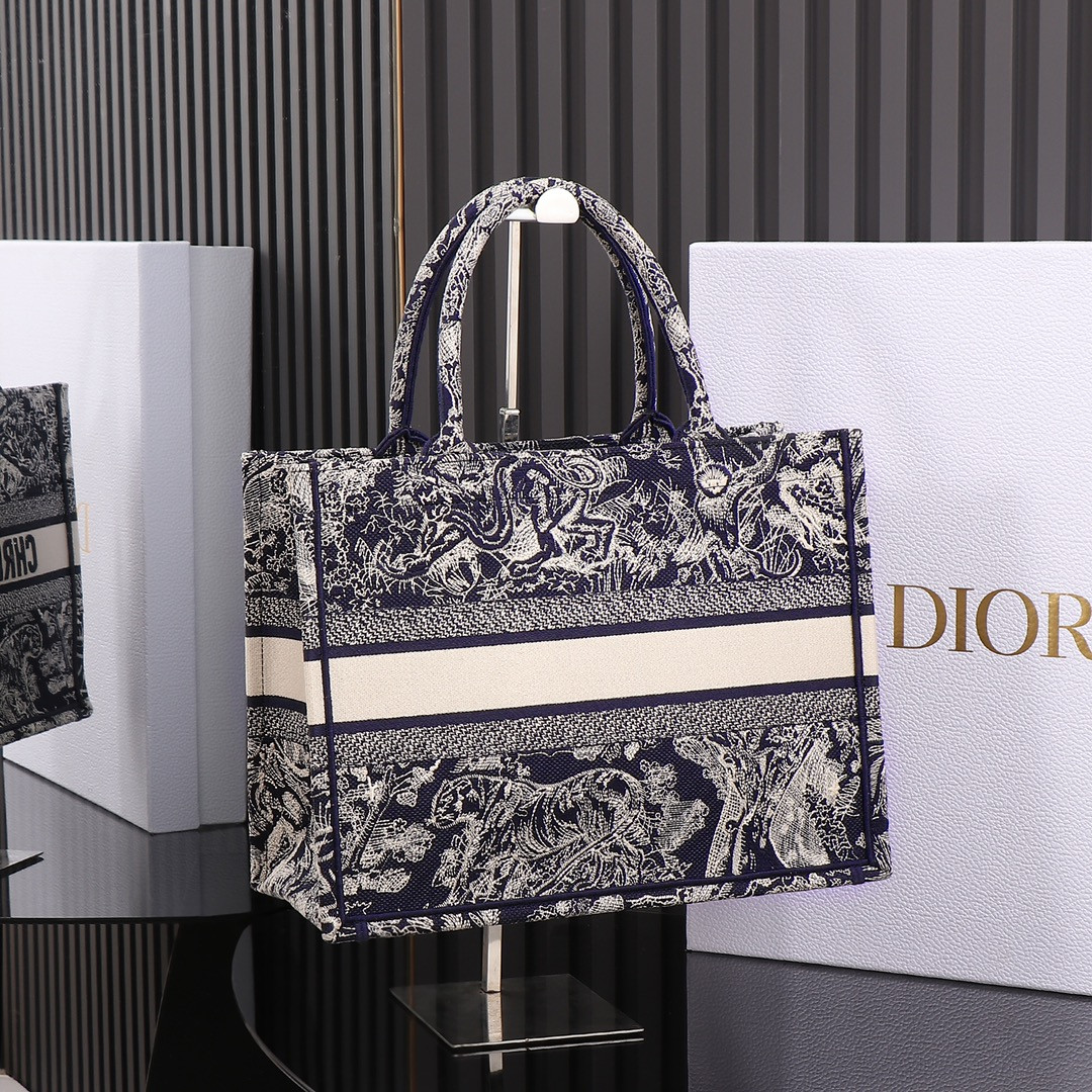 Medium D*0r Book Tote Blue and Ecru Toile de Jouy Reverse Embroidery 14 x 11 x 6.5 inches