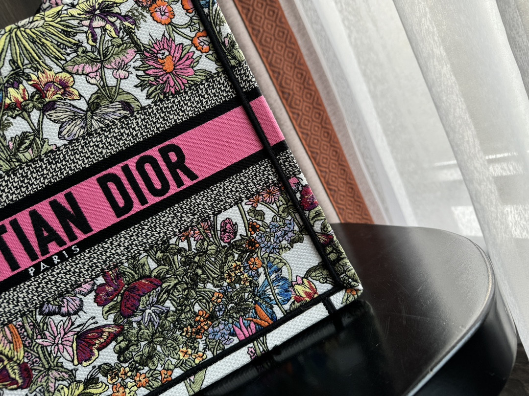 Medium D*0r Book Tote White Multicolor Mexico Millefiori Embroidery 14 x 11 x 6.5 inches
