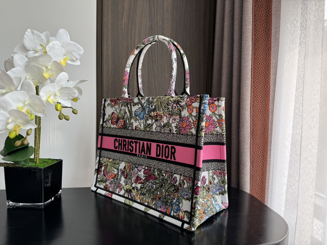 Medium D*0r Book Tote White Multicolor Mexico Millefiori Embroidery 14 x 11 x 6.5 inches