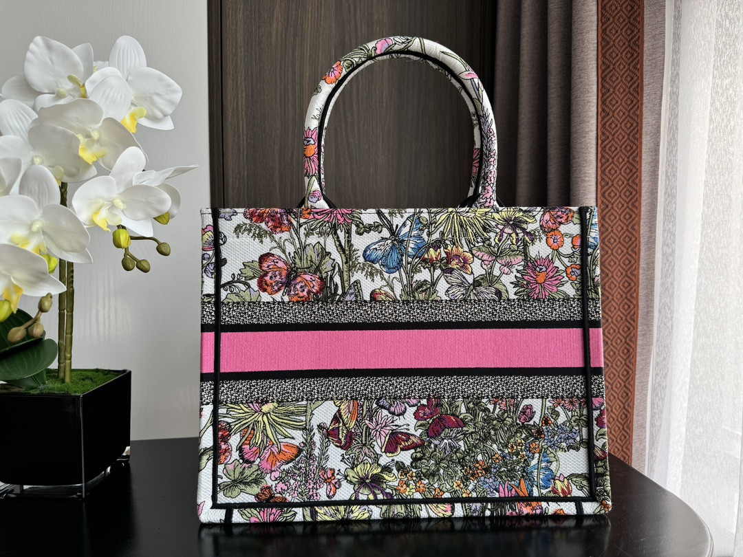 Medium D*0r Book Tote White Multicolor Mexico Millefiori Embroidery 14 x 11 x 6.5 inches