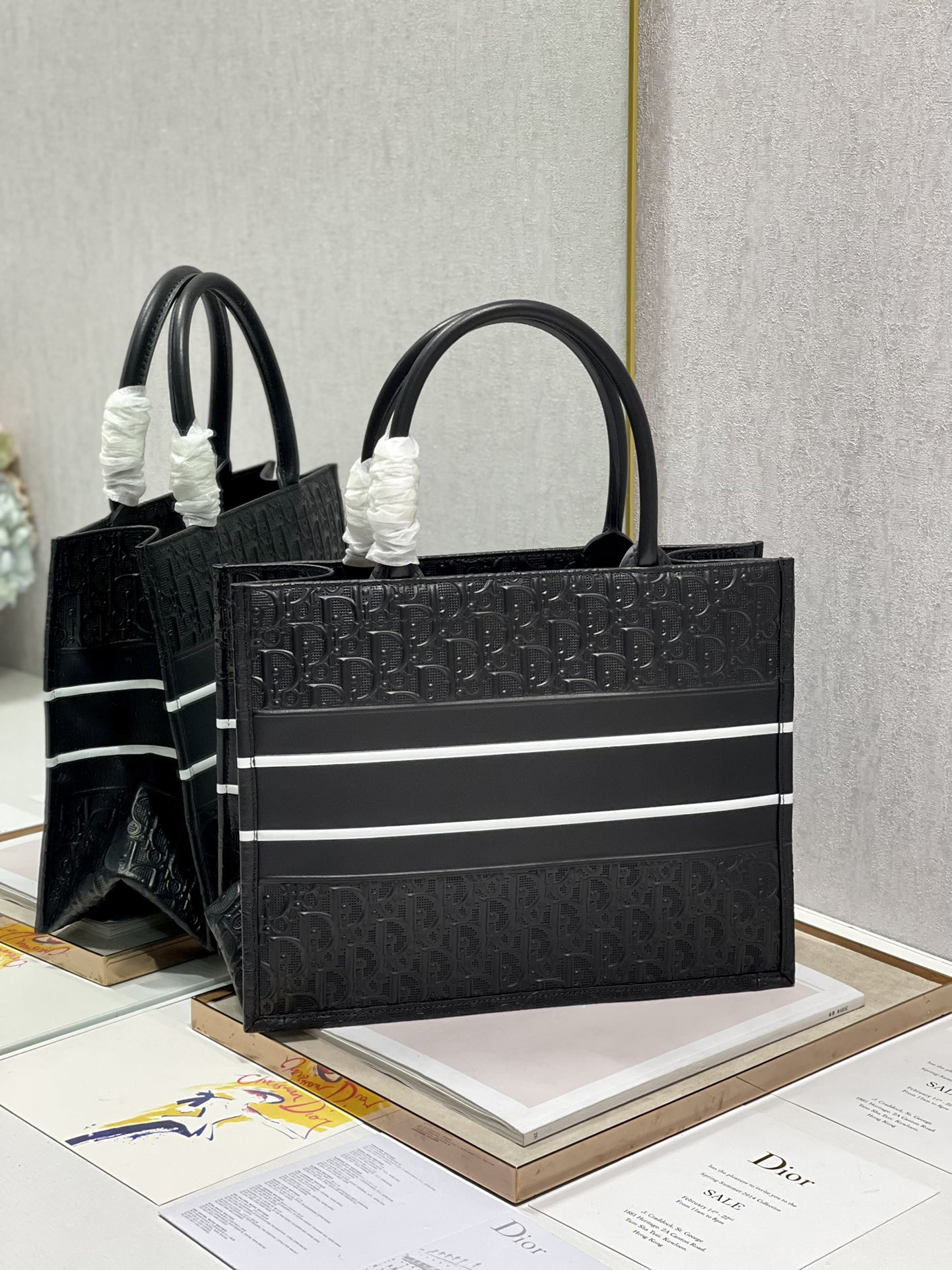 Calfskin Embossed Medium D*0r Book Tote Black WHITE 14 x 11 x 6.5 inches
