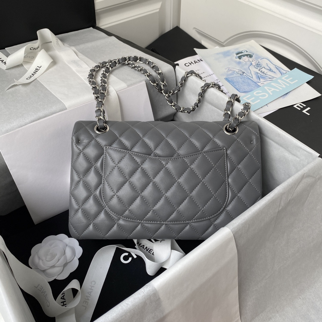 Ch*el CLASSIC HANDBAG GRAINED SHINY CALFSKIN & SILVER-TONE METAL GRAY 6 × 9.9 × 2.5 in