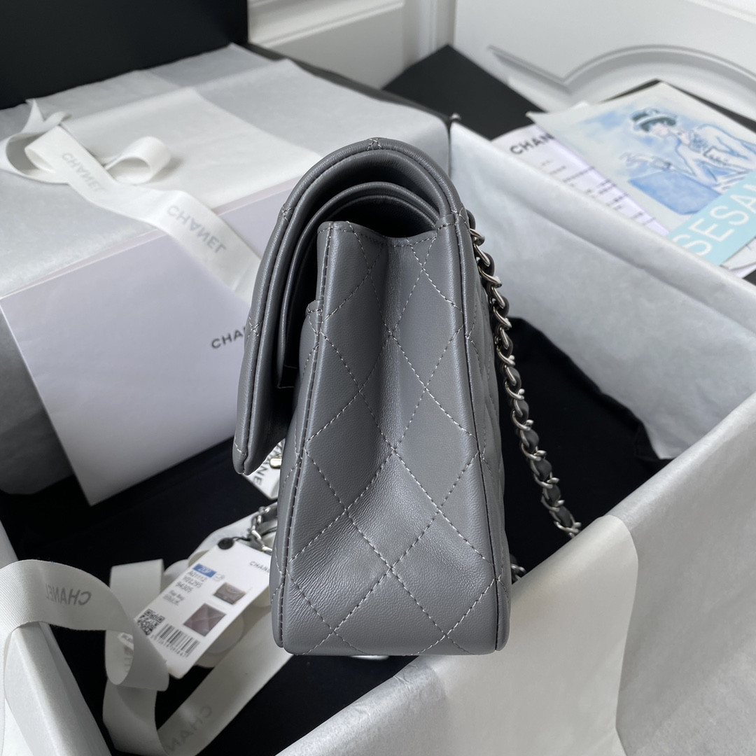 Ch*el CLASSIC HANDBAG GRAINED SHINY CALFSKIN & SILVER-TONE METAL GRAY 6 × 9.9 × 2.5 in