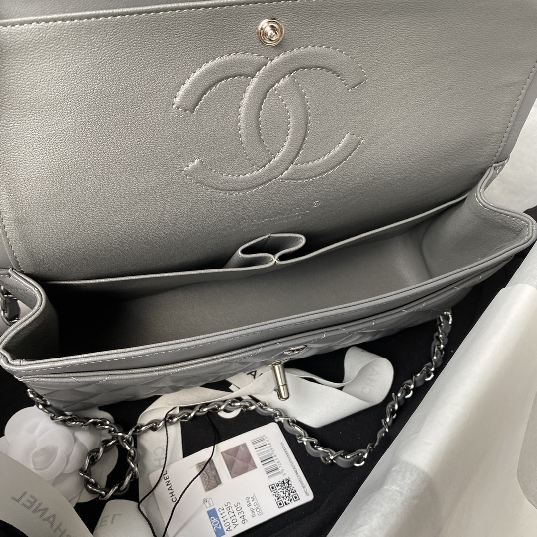 Ch*el CLASSIC HANDBAG GRAINED SHINY CALFSKIN & SILVER-TONE METAL GRAY 6 × 9.9 × 2.5 in