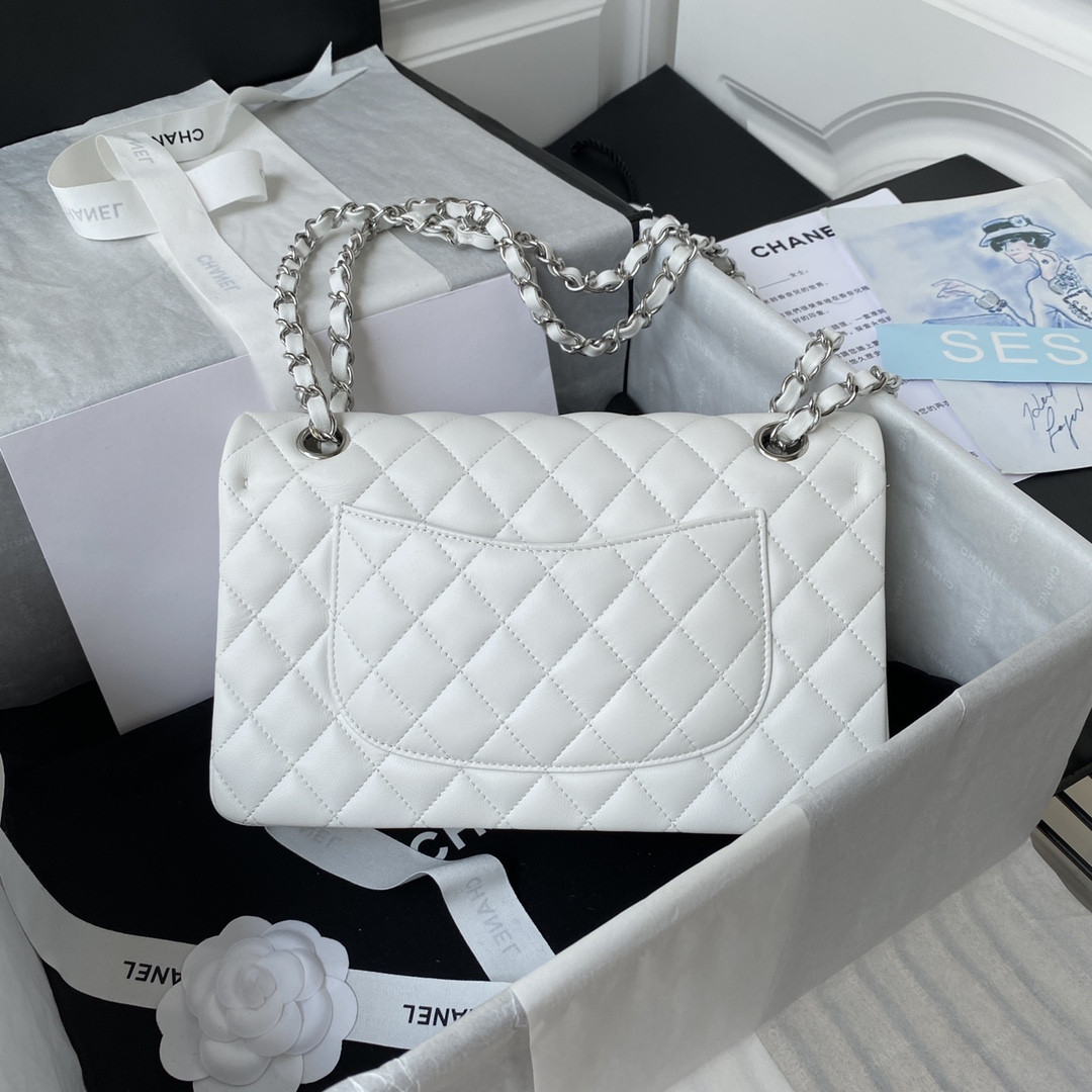 Ch*el CLASSIC HANDBAG GRAINED SHINY CALFSKIN & SILVER-TONE METAL WHITE 6 × 9.9 × 2.5 in