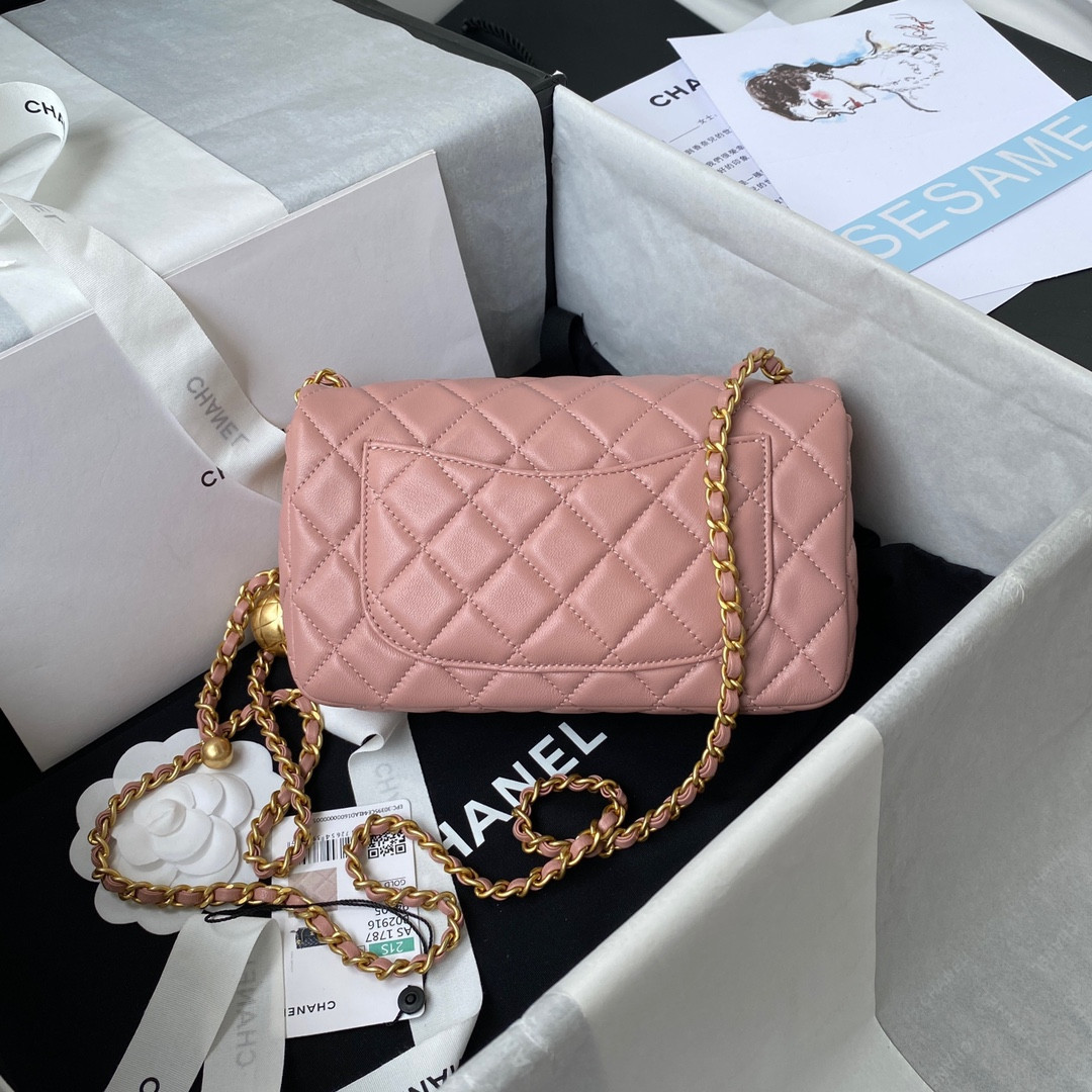 Ch*el MINI FLAP BAG SHINY CALFSKIN & gold-TONE METAL PINK 4.7 × 7.8 × 2.3 in
