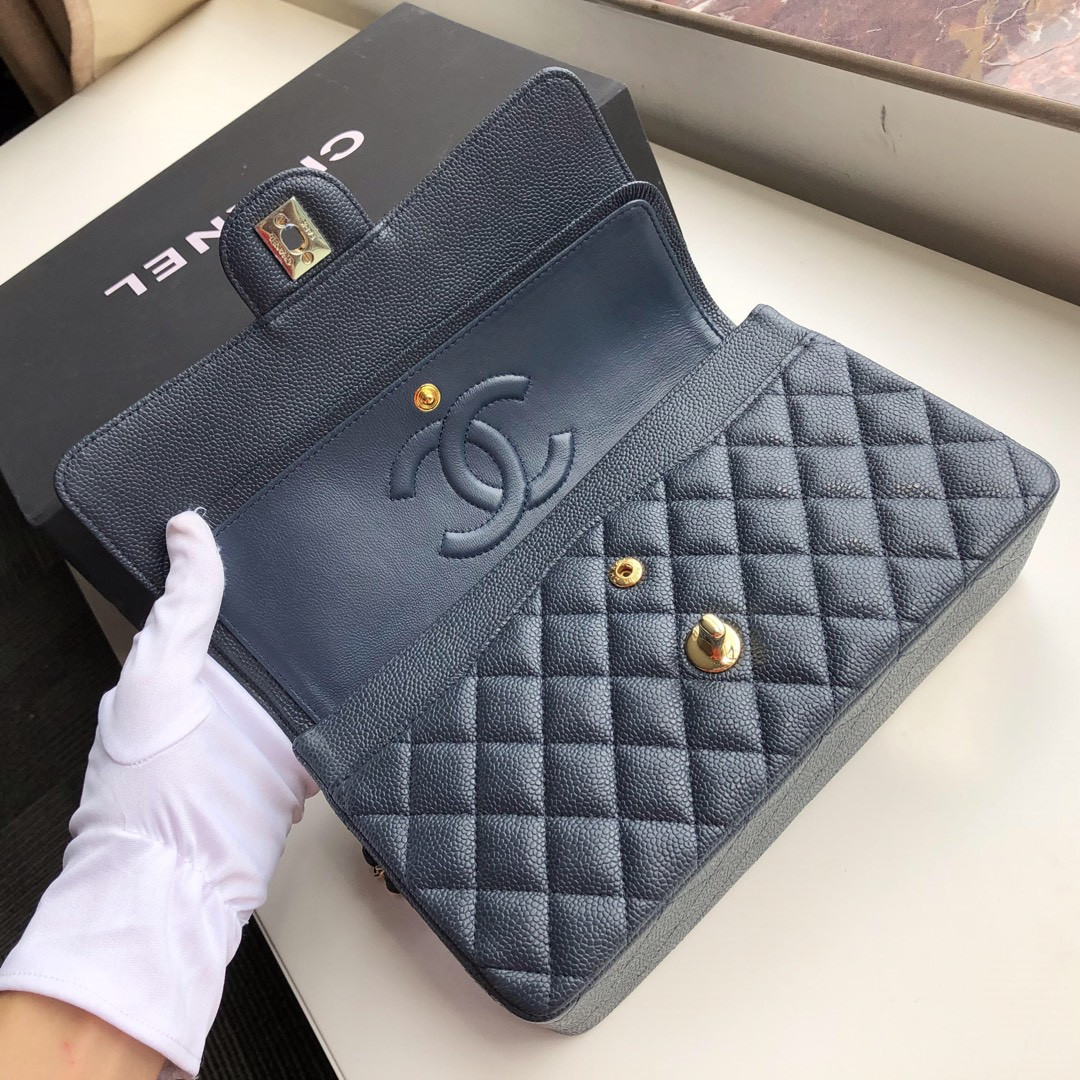 Ch*el CLASSIC HANDBAG GRAINED CALFSKIN & GOLD-TONE METAL NAVY 6 × 9.9 × 2.5 in