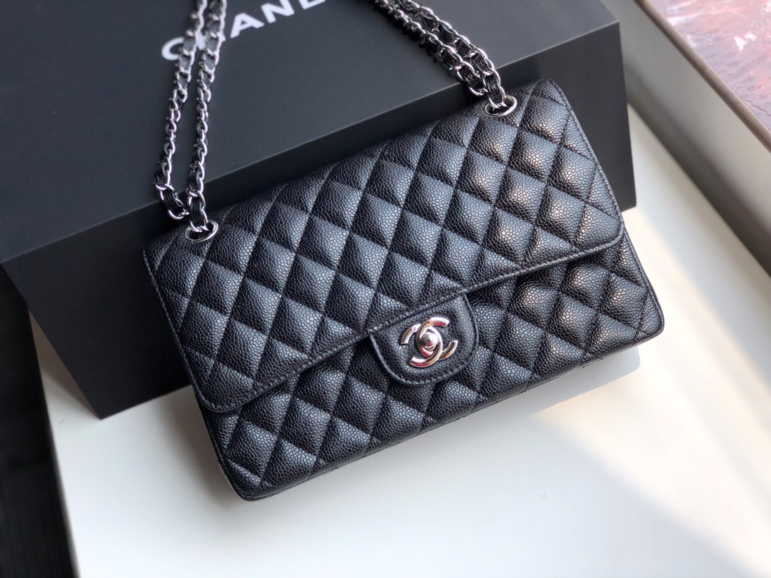 Ch*el CLASSIC HANDBAG GRAINED CALFSKIN & SILVER-TONE METAL black 6 × 9.9 × 2.5 in
