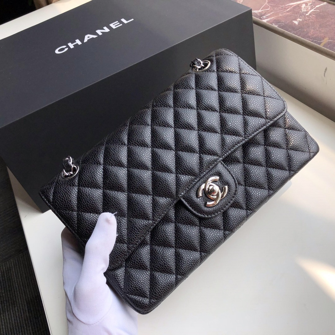 Ch*el CLASSIC HANDBAG GRAINED CALFSKIN & SILVER-TONE METAL black 6 × 9.9 × 2.5 in