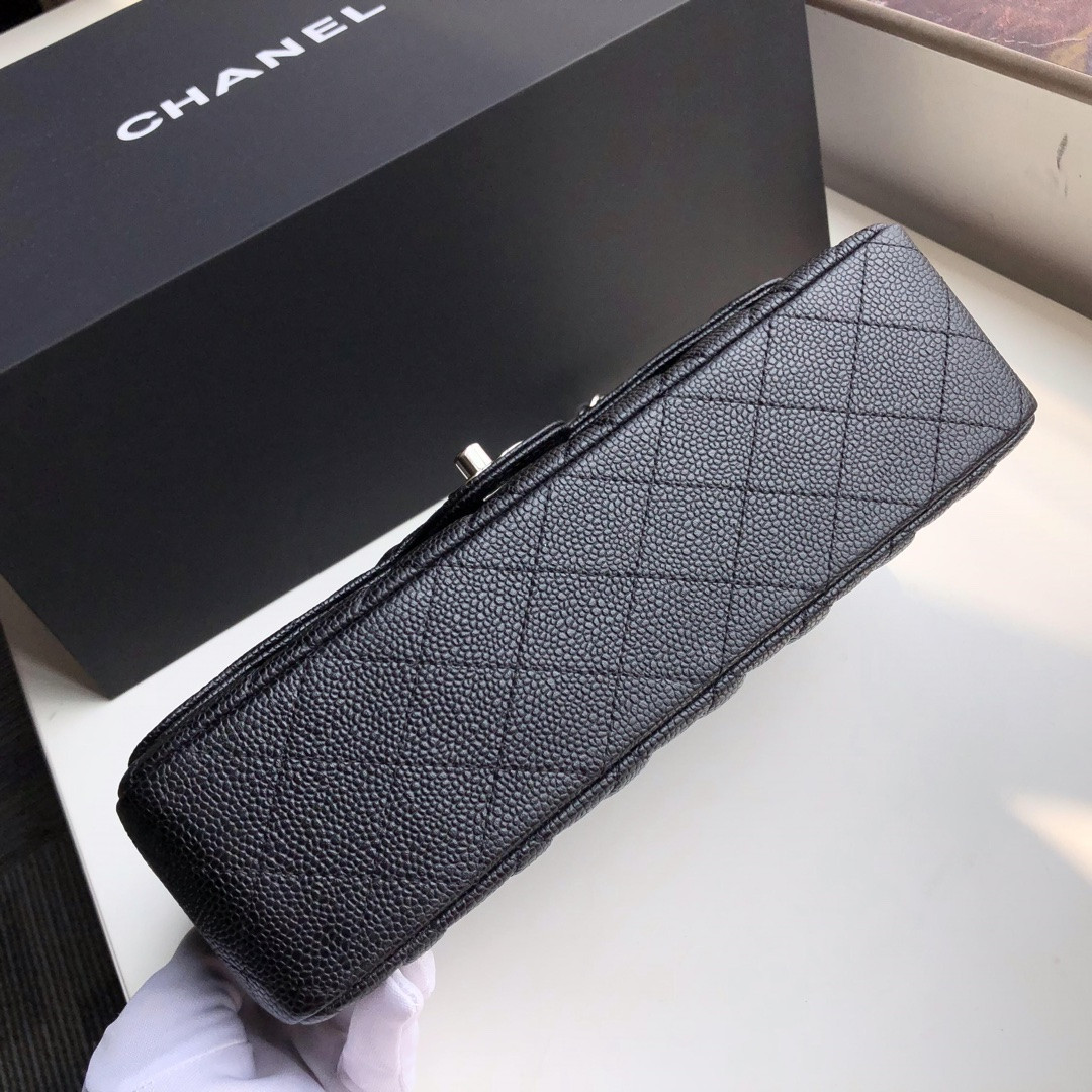 Ch*el CLASSIC HANDBAG GRAINED CALFSKIN & SILVER-TONE METAL black 6 × 9.9 × 2.5 in