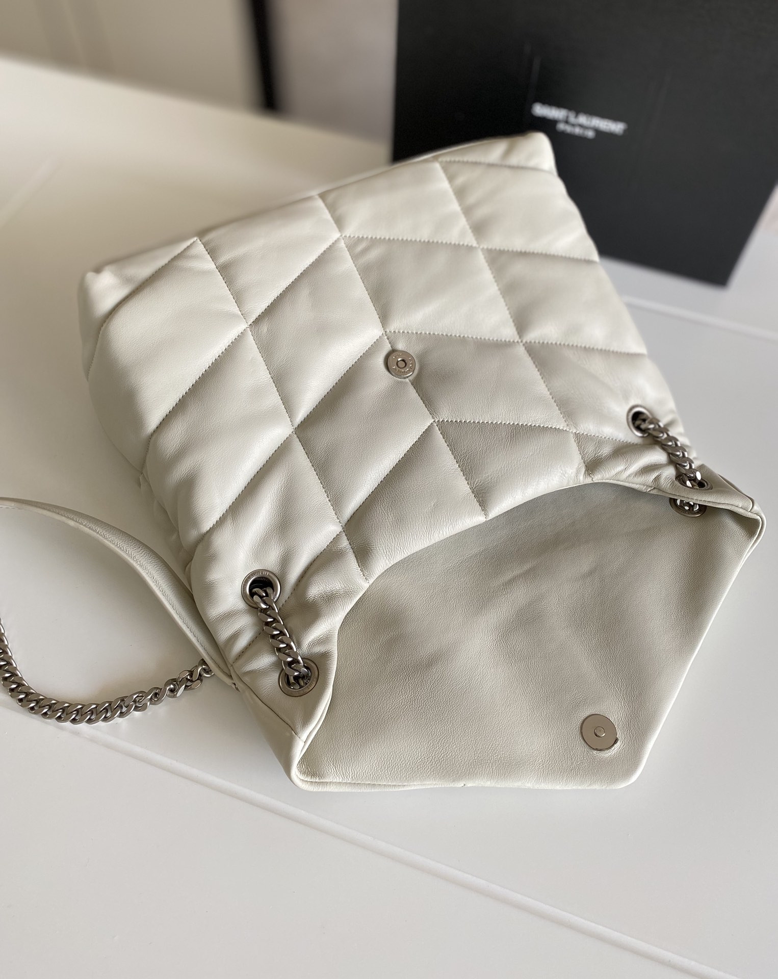 Y*L puffer medium in nappa leather white silver 13.7 x 9 x 5.3 inches