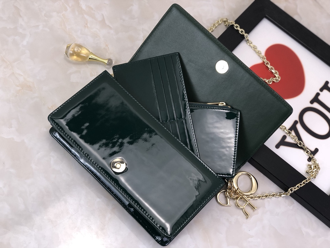 Lady D*0r Pouch Dark Green Patent Cannage Calfskin 8.5 x 4.5 x 1 inches