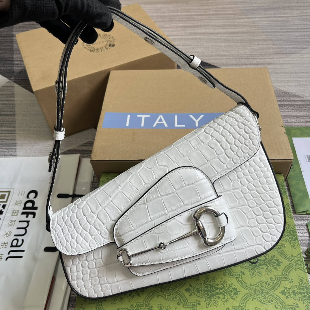 G*u*i HORSEBIT 1955 SMALL SHOULDER BAG WHITE 10.4"W x 6.7-4.1"H x 3.1-1.6"D