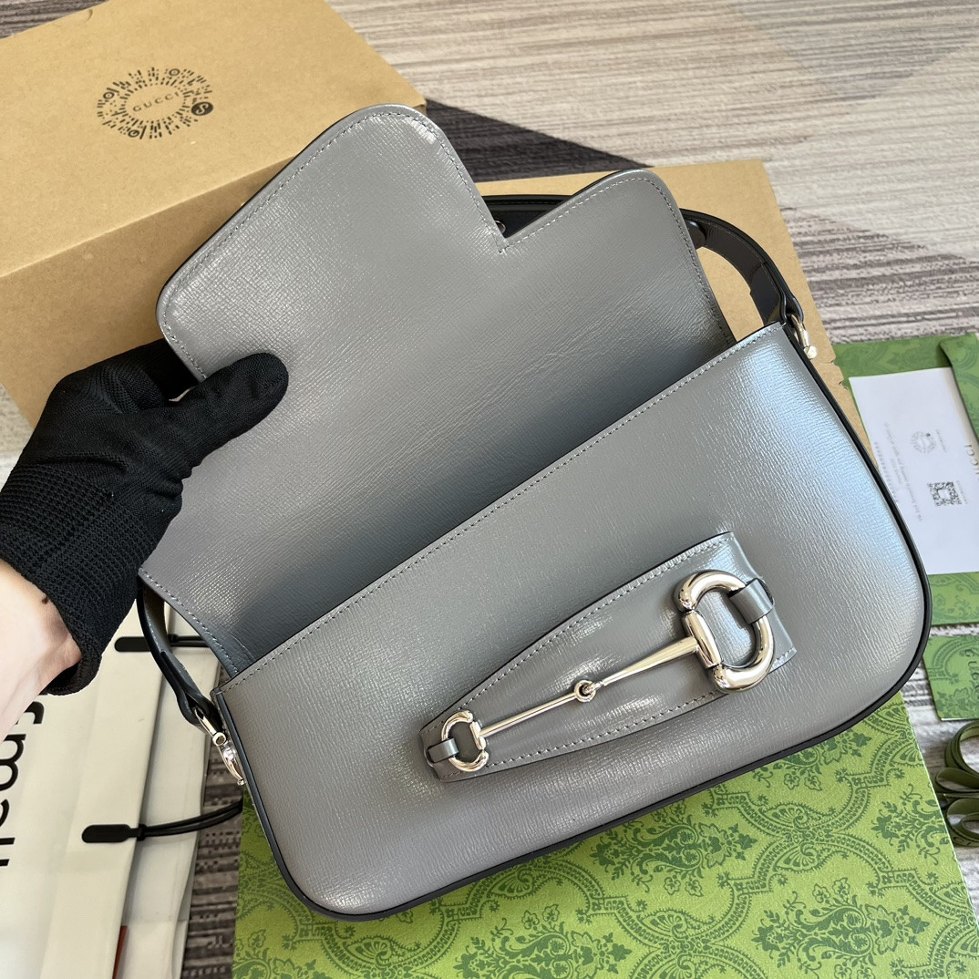 G*u*i HORSEBIT 1955 SMALL SHOULDER BAG GRAY 10.4"W x 6.7-4.1"H x 3.1-1.6"D