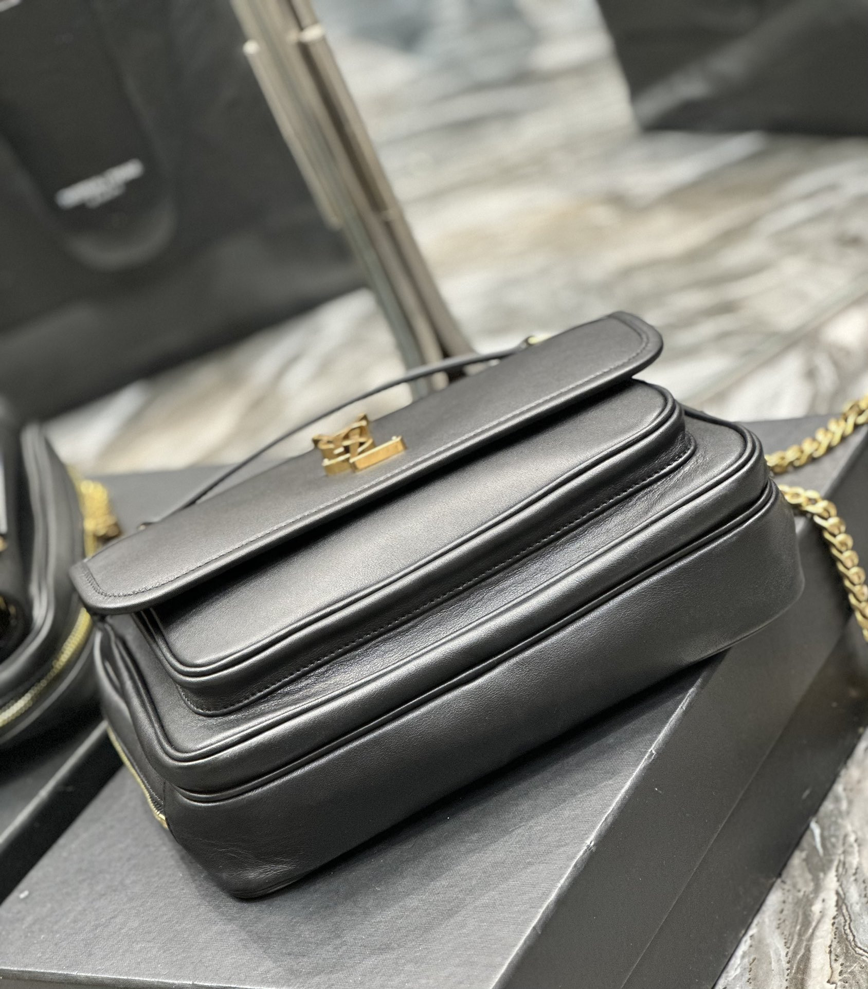 Y*L NIKI MEDIUM IN VINTAGE LEATHER BLACK GOLD 11 X 7.8 X 3.3 INCHES