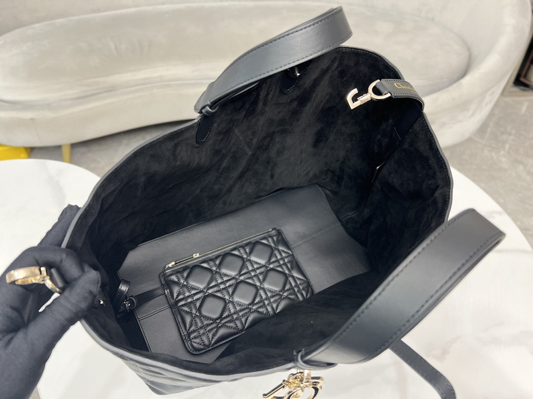 Large D*0r Toujours Bag Black Macrocannage Calfskin 14.5 x 10.5 x 8.5 inches