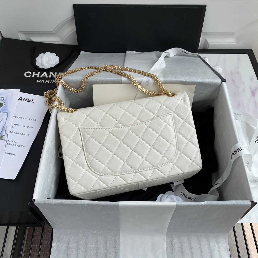Ch*el LARGE 2.55 HANDBAG White& Gold-Tone Metal 7.6 × 10.9 × 2.9 in