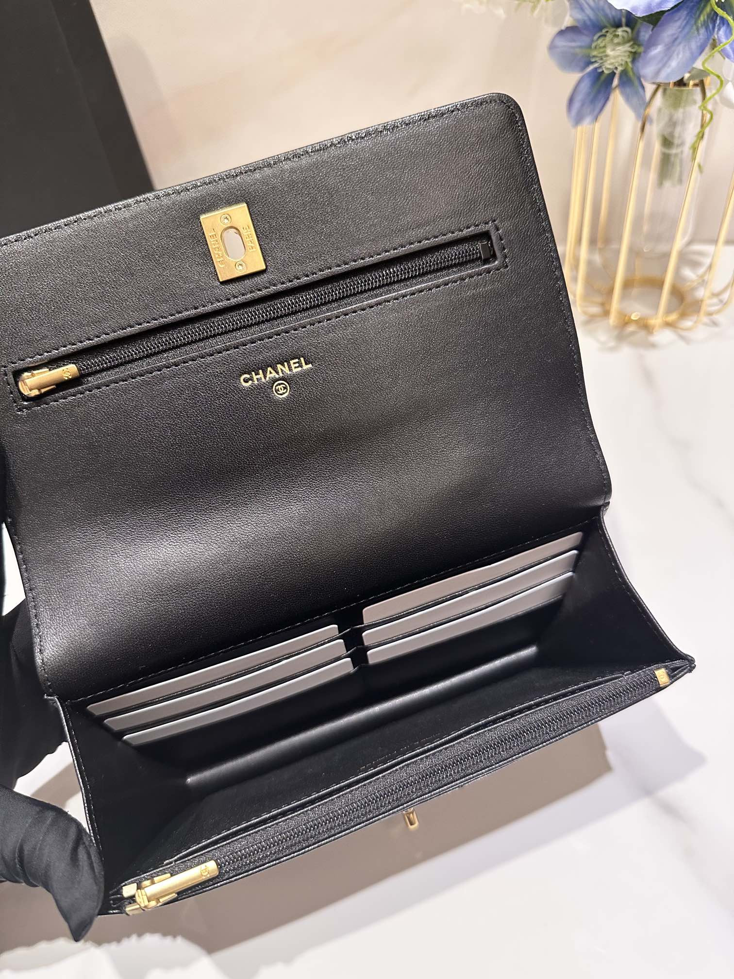 Ch*el classic wallet on chain rhinestone handle 4.8 × 7.5 × 1.4 in