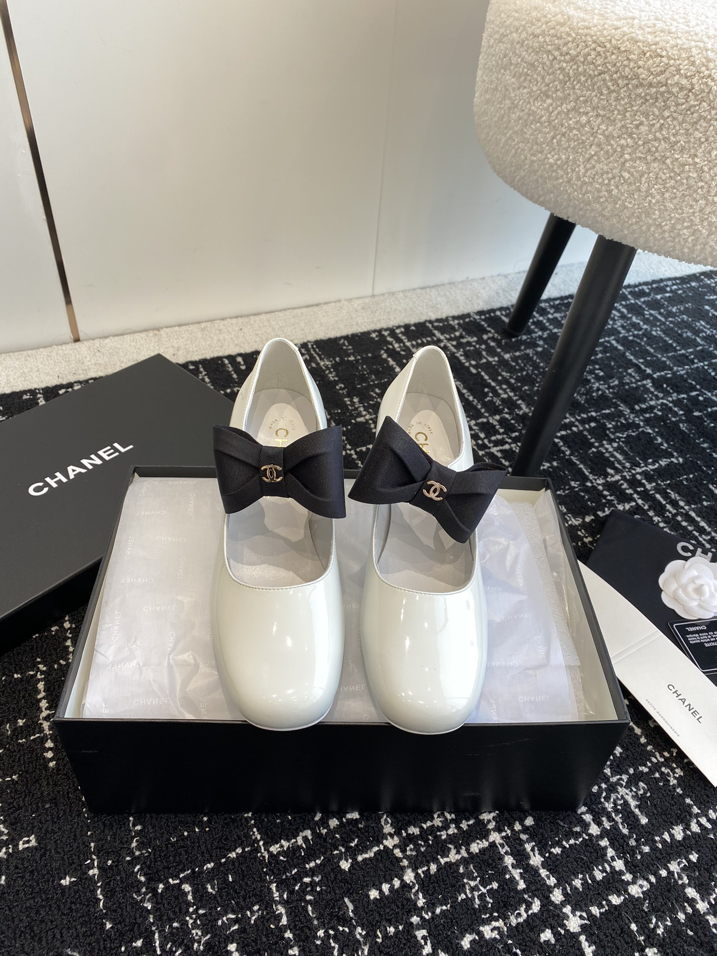 UA Ch*el MARY JANES Patent Calfskin & Grosgrain