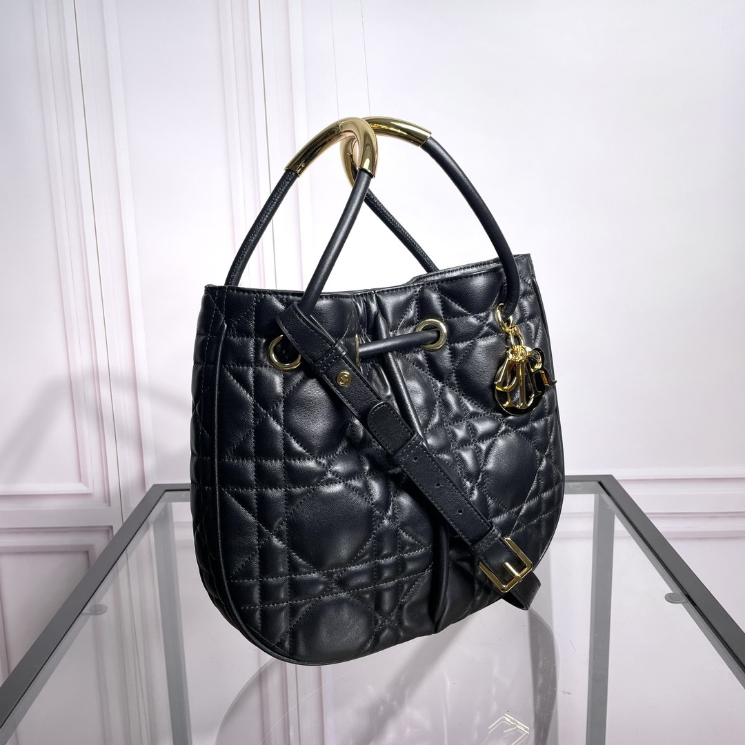 Medium D*0r Nolita Bag Black Macrocannage Lambskin 10.5 x 10 x 2 inches