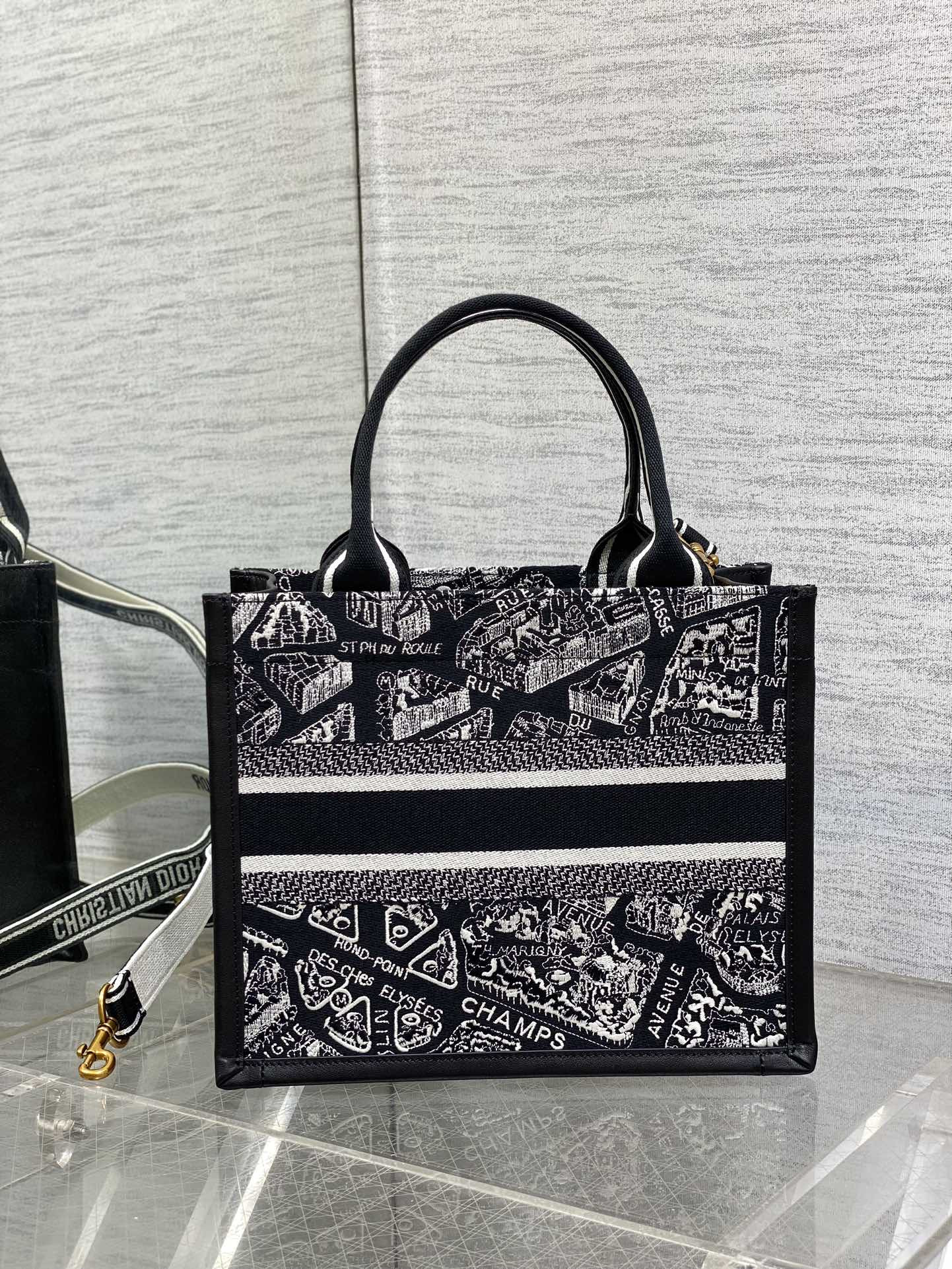 D*0r Small D*0r Book Tote White and Black Plan de Paris Embroidery and Black Calfskin 26.5 x 21 x 14 cm