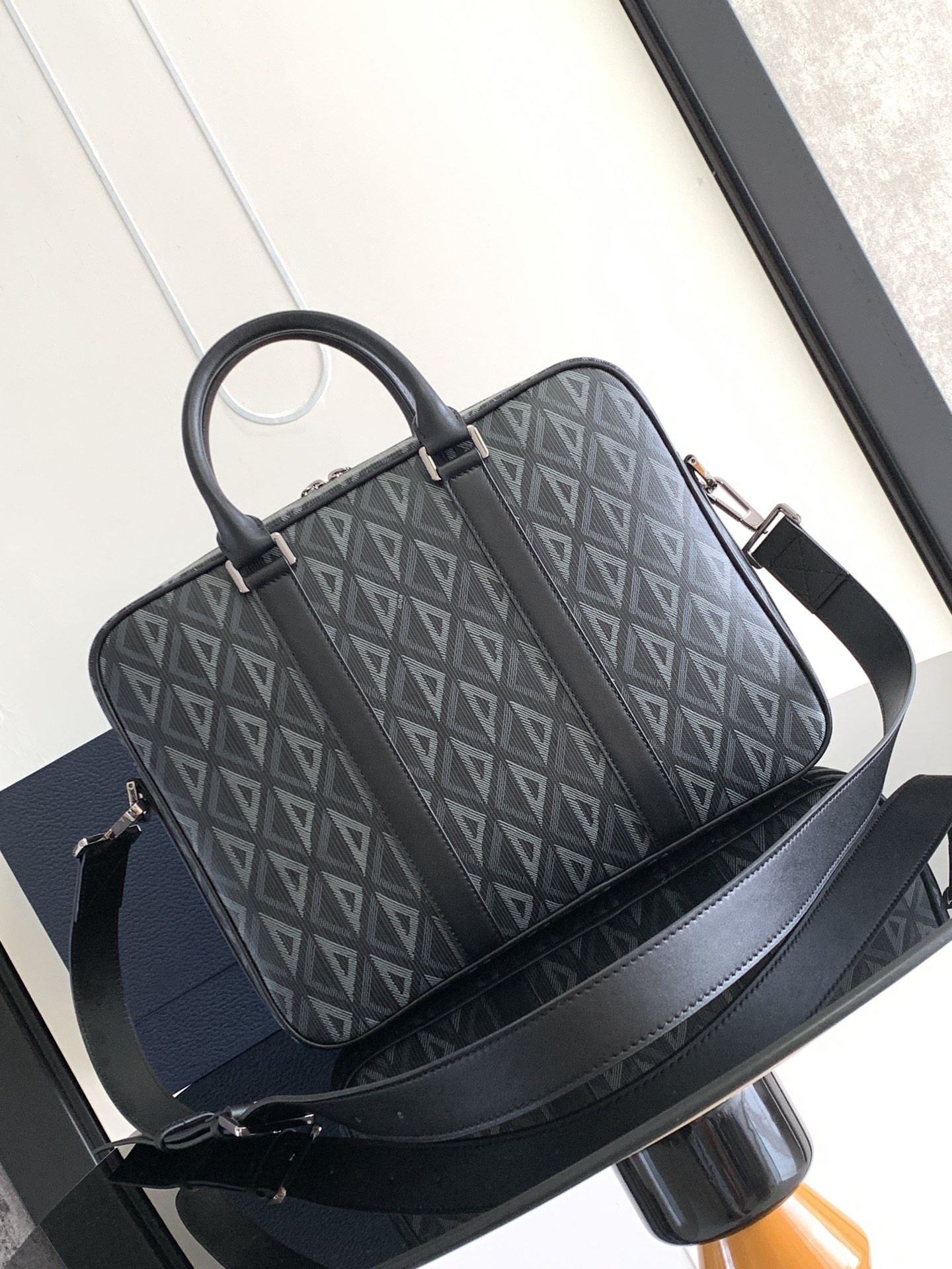 D*0r Zipped Briefcase Black CD Diamond Canvas and Black Grained Calfskin 37 x 28 x 6 cm